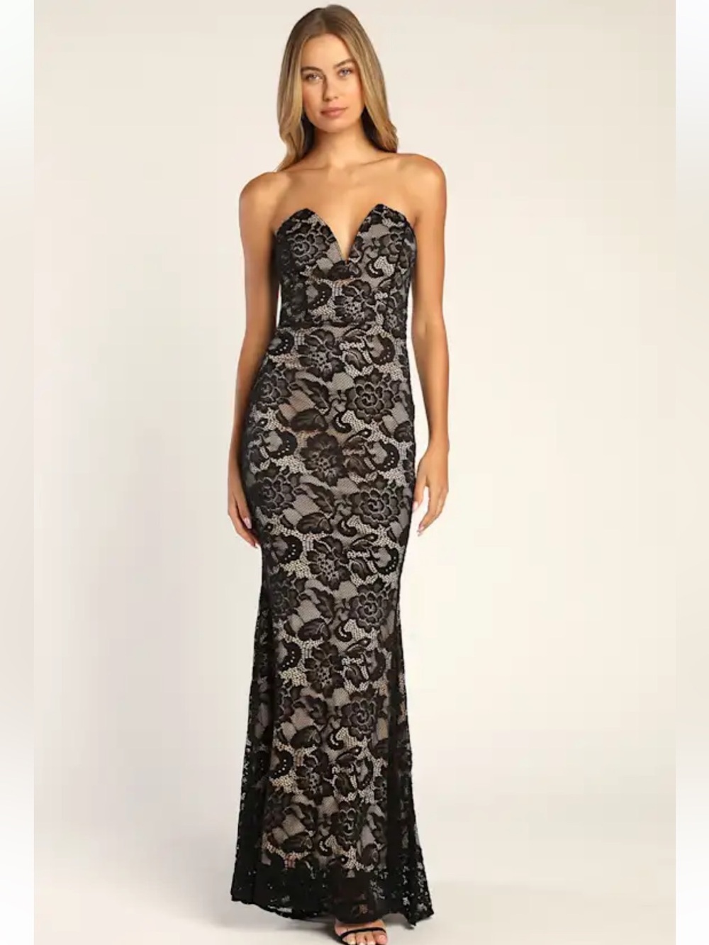 NWT Lulus Sexy Sophistication Black Lace Strapless Trumpet Maxi Dress